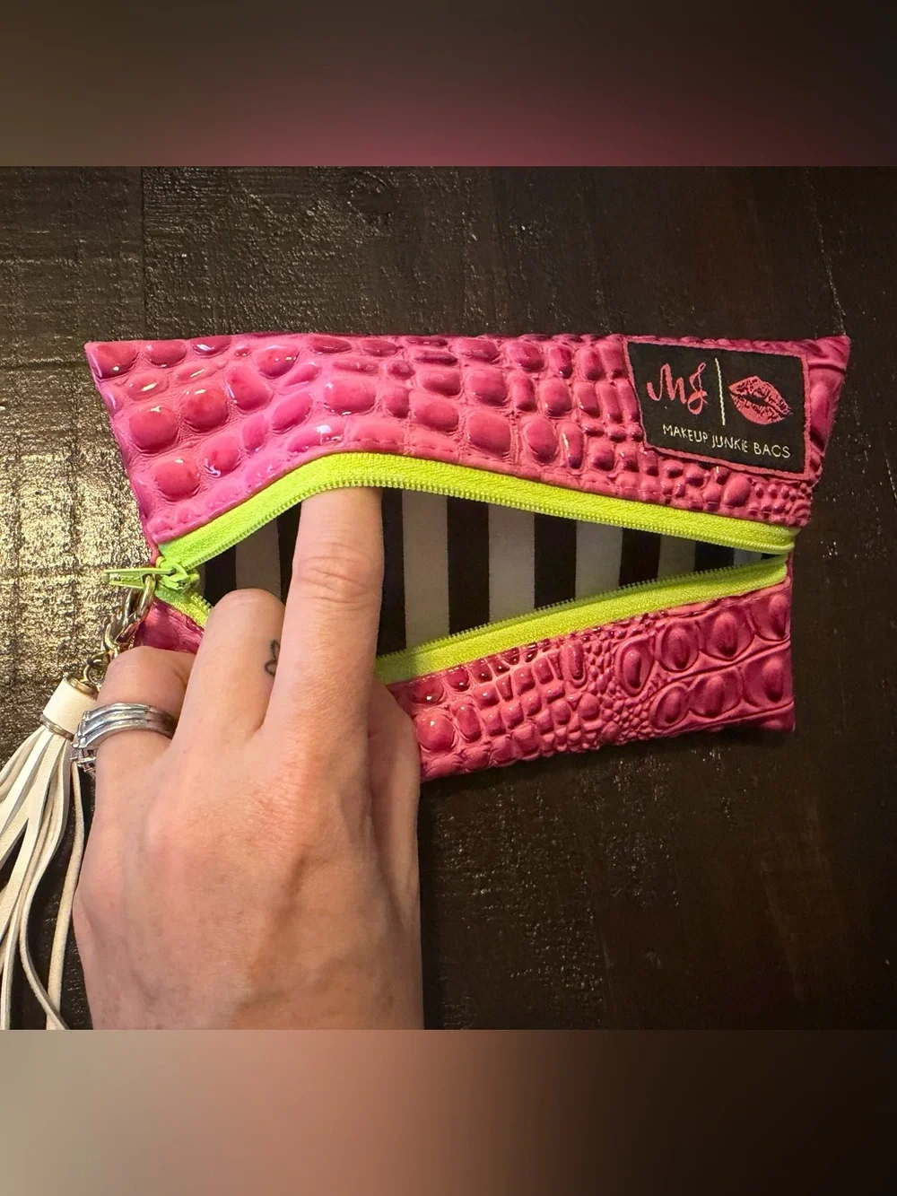 Makeup Junkie - Mini Hot Pink Croc-Embossed Cosmetic Pouch with Lime Zipper